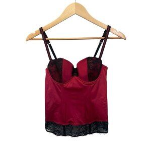 Aubade Corset Top Bustier Bra 32C Red Black Lace Boned Lingerie